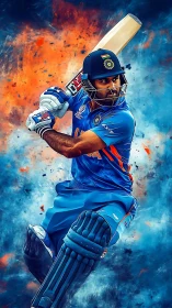 Cricketer in blue kit captured mid-shot with bat raised high