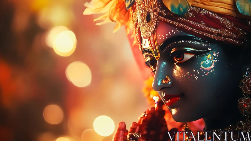 Blue-skinned devotional statue rendered with shallow depth of field bokeh