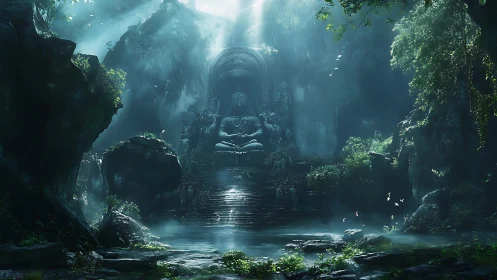Silent stone deity breathes light into a hidden jungle cove