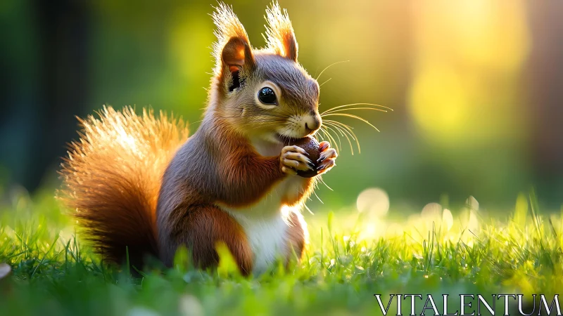 Red squirrel holds nut on grass in strong backlighting