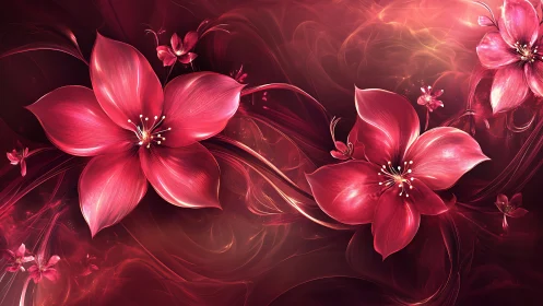 Glowing Red Flowers Digital Art. Abstract Floral Design.