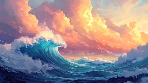 Sunlit ocean wave rises beneath blazing pastel sky.