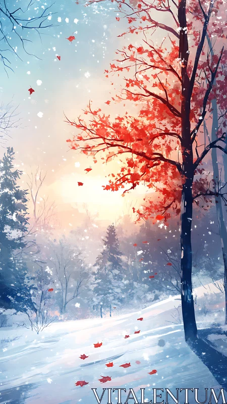 Red leaved tree stands in snowy winter landscape at sunrise