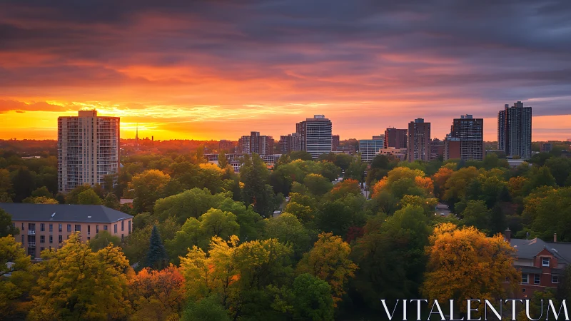 Urban skyline over dense autumn trees at sunset period.