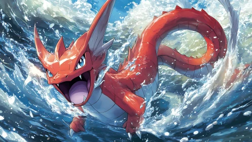 Fiery red sea dragon bursts from swirling ocean waves