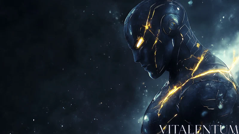 Storm-lit cyber sentinel with molten cracks of power poised.