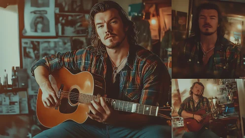 Moody guitarist plays acoustic in a warm, rustic studio bar