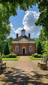 Photorealistic colonial courthouse framed by formal garden symmetry.