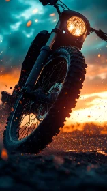 Off-road motorcycle wheel cuts through glowing dusk mud