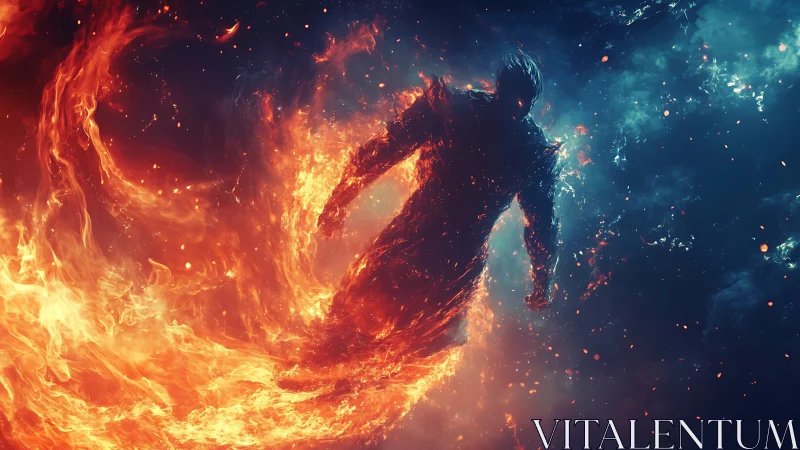 Fiery humanoid silhouette emerging through swirling flames.