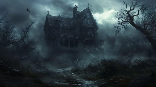 Nocturnal fog-occluded Victorian mansion in ruinous decline.