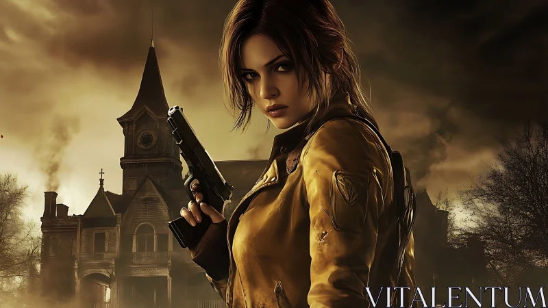 Gunmetal gaze before the haunted manor’s hungry shadows.