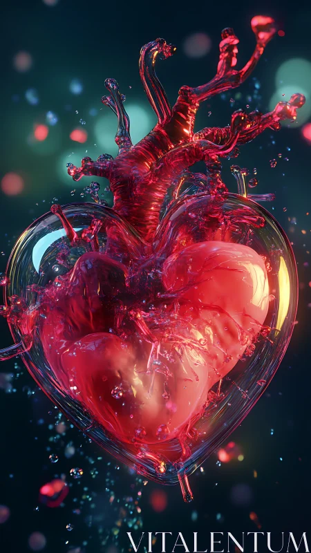 Digital glass heart pulses with crimson liquid energy