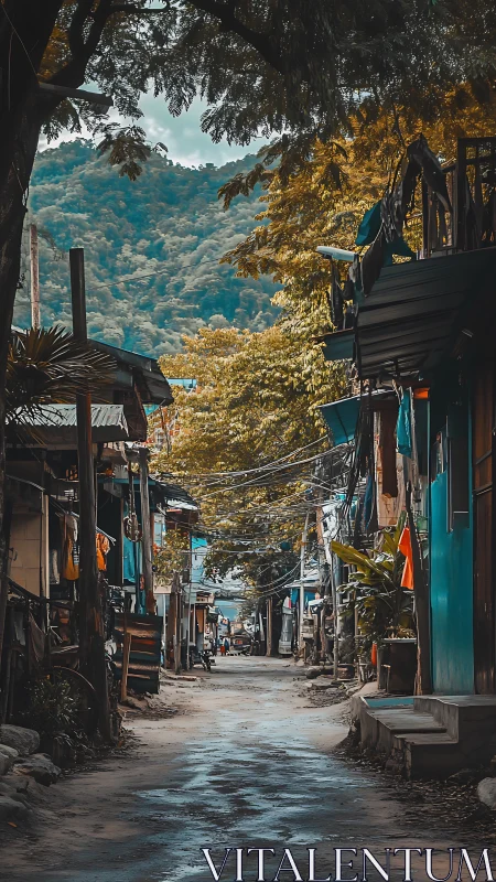 Narrow village street leading toward lush tree covered hills.