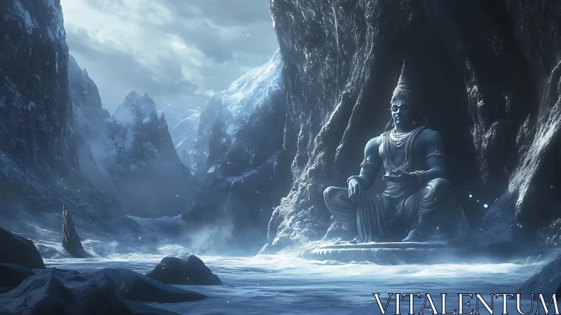 Divine ice cave statue amid towering frozen mountains.