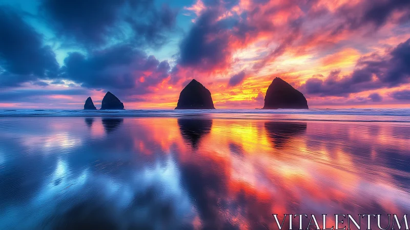 Vivid coastal sunset reflects towering sea stacks perfectly