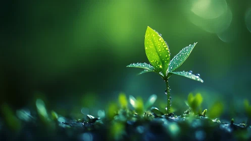 Green seedling with water droplets on leaves in soft light.