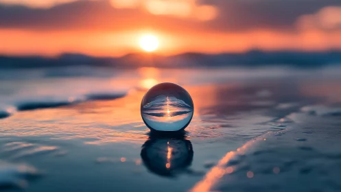 Sunset shoreline reflected in a quiet glass sphere dream.