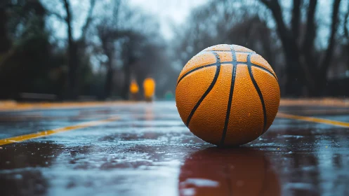 Lonely basketball rests on wet outdoor court after rainfall