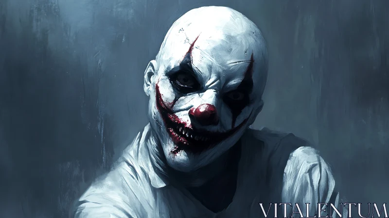 Sinister clown in moody blue light, unsettling yet magnetic.