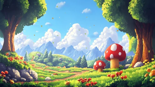 Enchanted Forest Glade with Red Mushroom Dwellings.