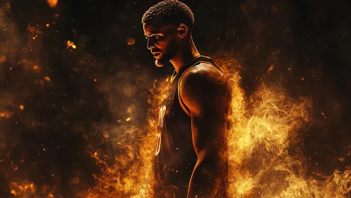 Basketball player silhouette burns within dynamic orange flames.