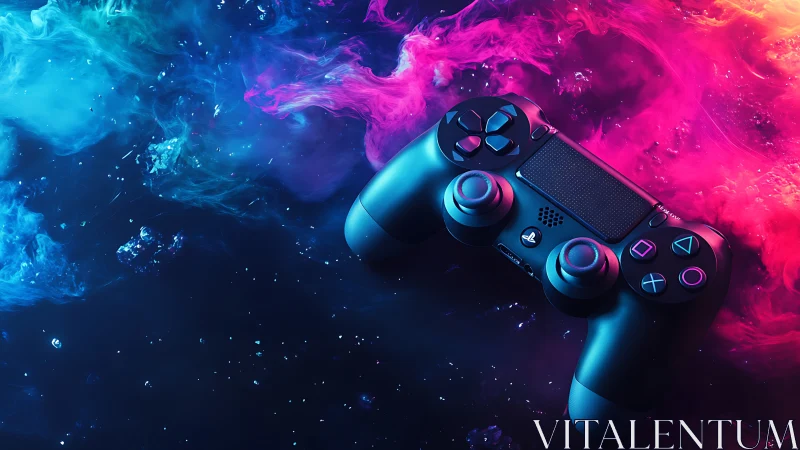 Neon-lit game controller drifts through vibrant cosmic clouds.