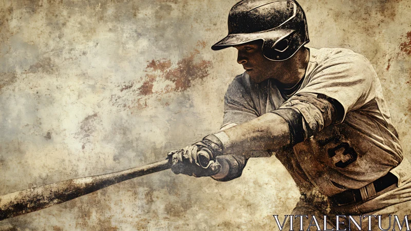Baseball batter mid swing on textured grunge backdrop.