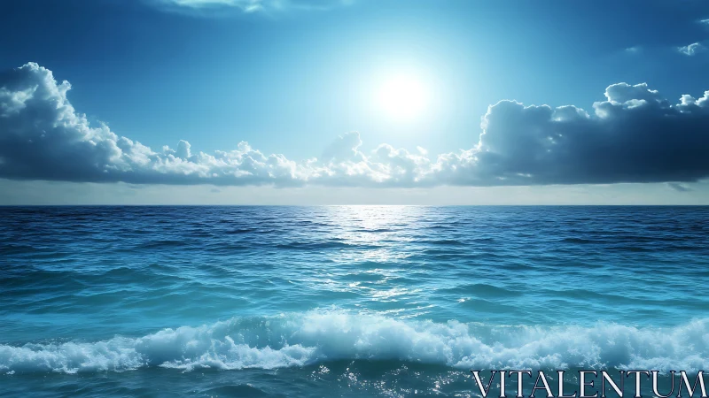 Sunlit ocean horizon under glowing blue sky and clouds.