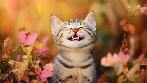 Tabby cat with eyes closed among pink flowers.