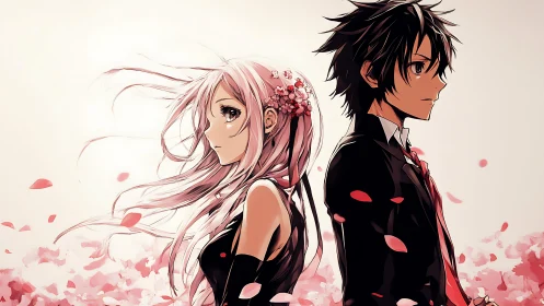 Two anime figures back to back amid falling pink petals.