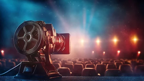 Vintage cinema projector with luminous theater bokeh focus.