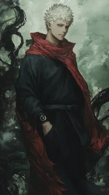 White haired anime sorcerer in black robe with red scarf.