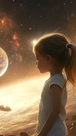 Starlit profile of contemplative child on luminous exoplanet.