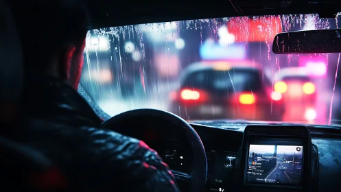 Driver navigates neon city traffic through rain-soaked windshield.