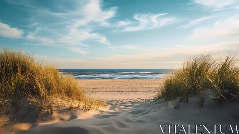 Golden beach dunes frame a tranquil ocean horizon view.