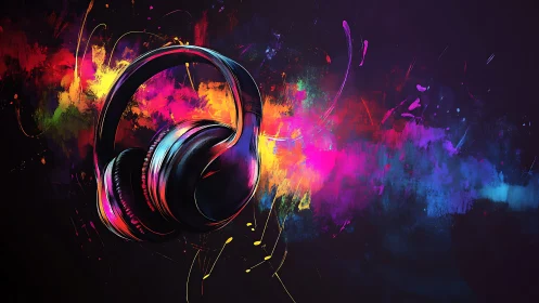 Neon headphones levitate before explosive abstract color field