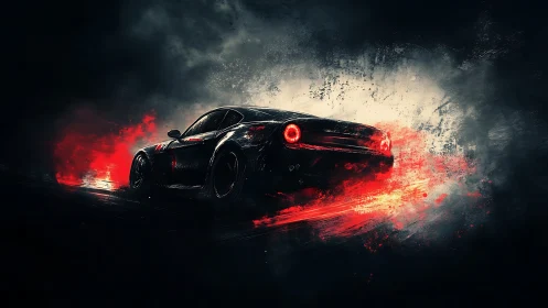 Midnight sports car powers through abstract red smoke.