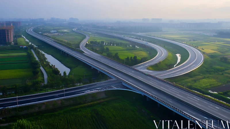 Morning light glows over empty elevated highways and fields