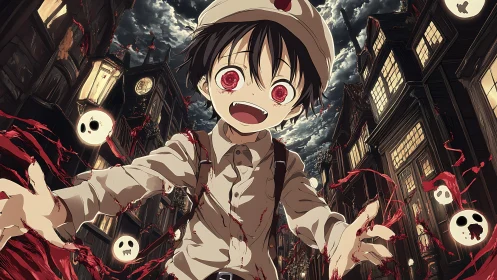 Bloodlit anime boy stalks haunted alley under storm sky.