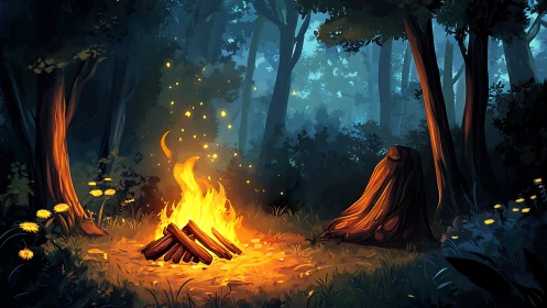 Luminescent Campfire Amid Arboreal Nocturne Forest Setting.