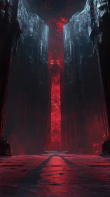 Vertical chasm environment frames central luminous red core