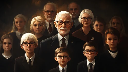 Multigenerational family portrait arranged in formal rows