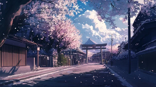 Sakura-lined shrine avenue with atmospheric depth rendering.