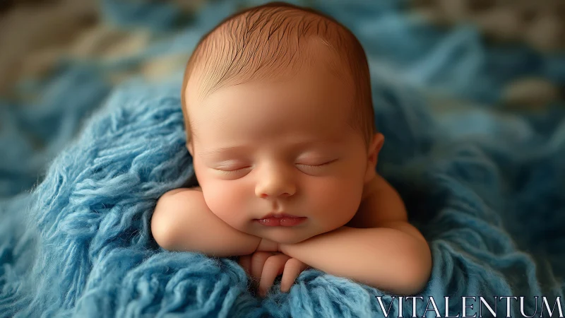 Sleeping newborn positioned on textured blue fabric surface