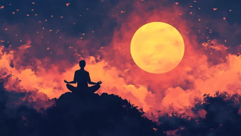 Digital painting of meditative silhouette under solar disc.