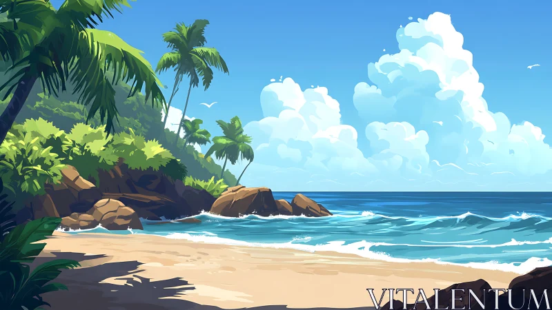 Tropical Coastal Landscape with Palm Trees, Rocky Outcrops, and Cumulus Clouds