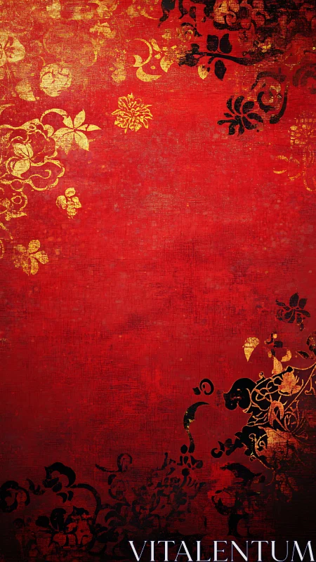 Crimson tapestry whispers with gilded floral shadows.