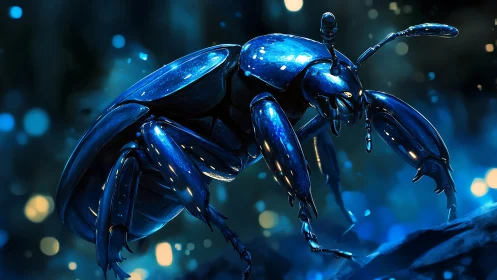 Specular blue beetle rendered with high-gloss PBR shading in bokeh field