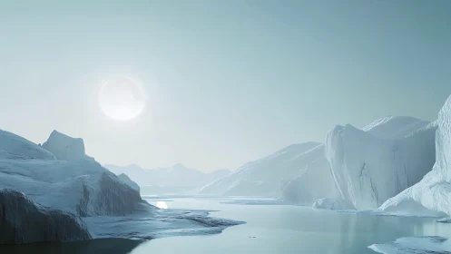 Quiet arctic light over glassy waters and dreaming icebergs.